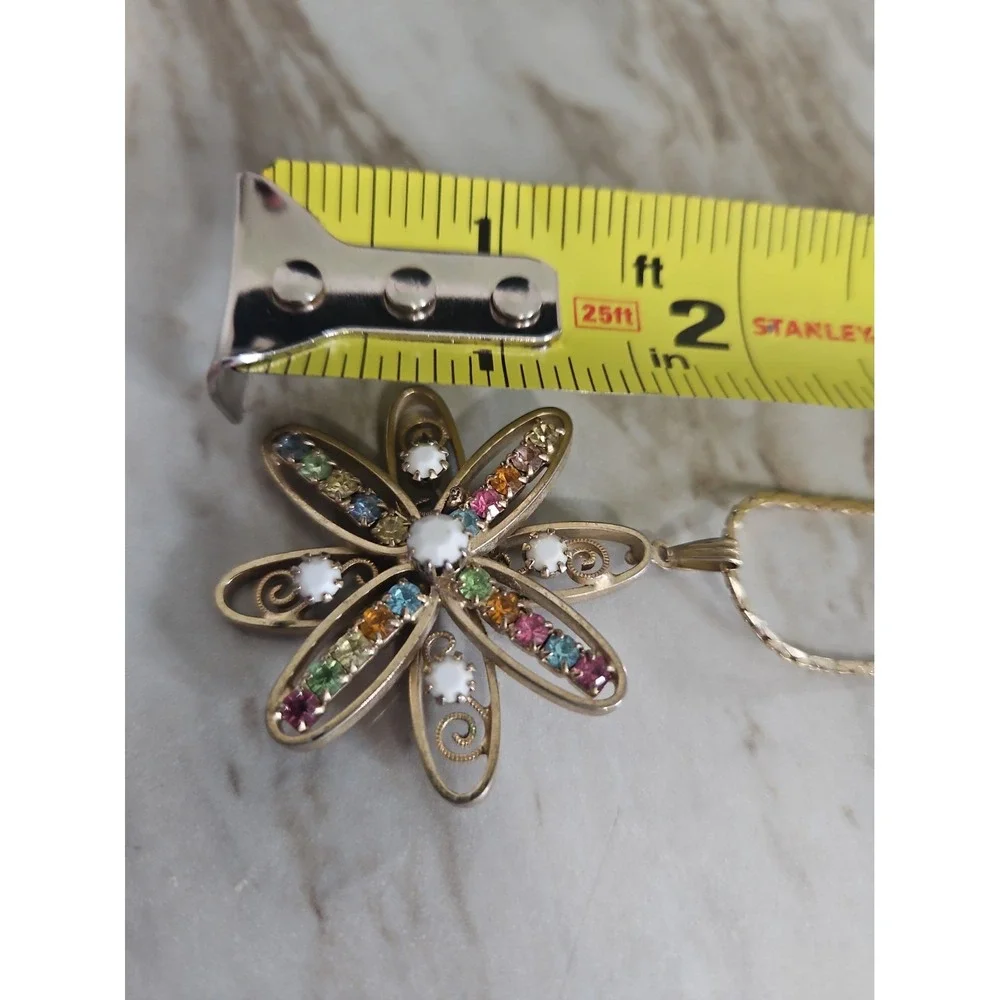 Vintage Mid Century Floral Pendant Rhinestones White Glass Filagree Unmarked